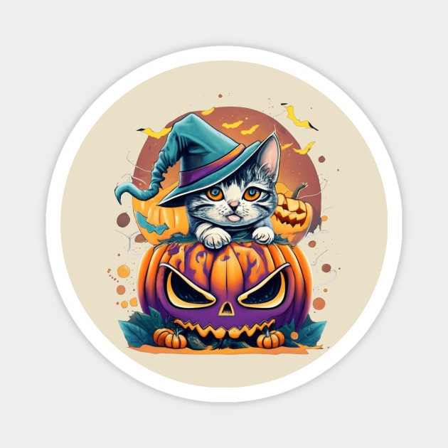 really cute halloween kitten coming out of pumpkin Magnet by NegVibe